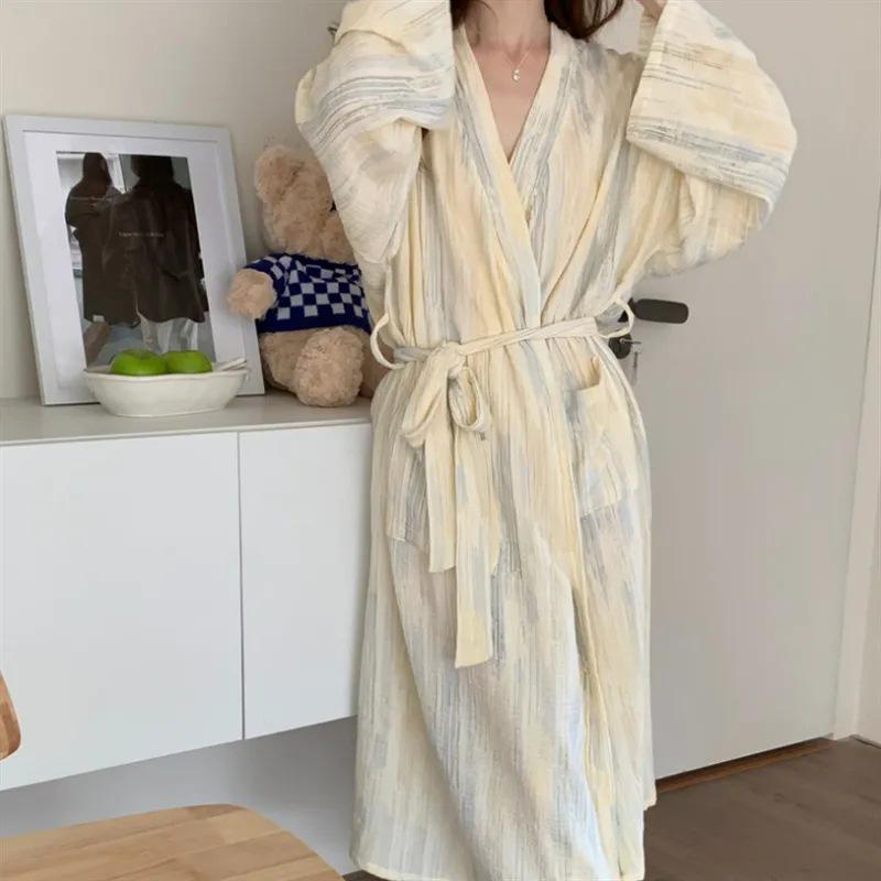 Bathrobe Women's Bathing Plaid Loose Long Sleeve Long Kimono V-neck Lace Up Trousers Nightgown Sexy Robe