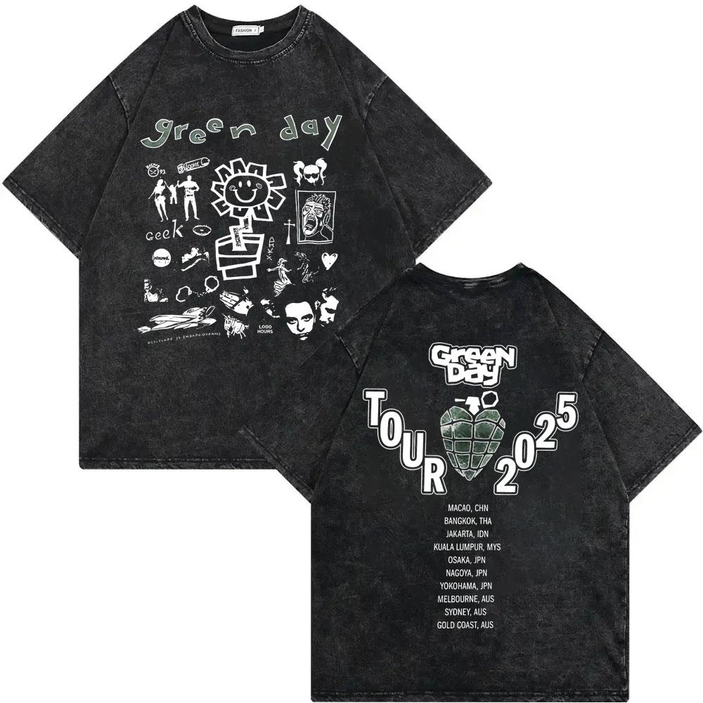 Rock Band Green Day Tour 2025 Merch T Shirt Fashion Rock Vintage Washed Tshirt Men Women Clothing Casual Short Sleeve Tshirts