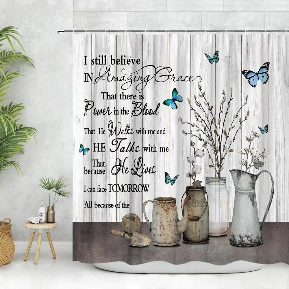 

Floral Shower Curtain Watercolor Farm Botanical Leaf Butterfly Rustic Wooden Panel Inspirational Quotes Bathroom Decor Curtain W60H190(CM)-1 Pcs