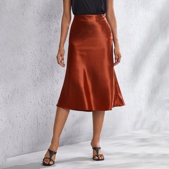 Women Midi Skirt High Waist Satin-Like Shiny Skirt Solid Color Mid-calf Length Skirt Soft Breathable Fabric Work Skirt
