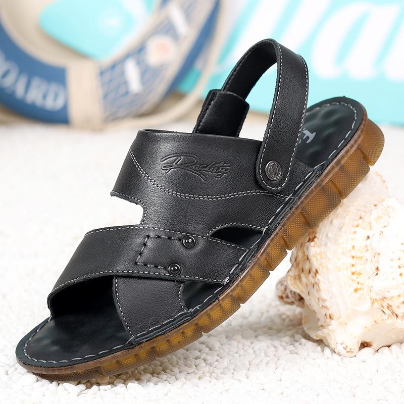 New Sandals Men's Genuine Leather Beach Shoes Men's Soft Leather Soft Sole Beef Tendon Sole Cool Leather Shoes Comfortable Dad Shoes Slippers Men