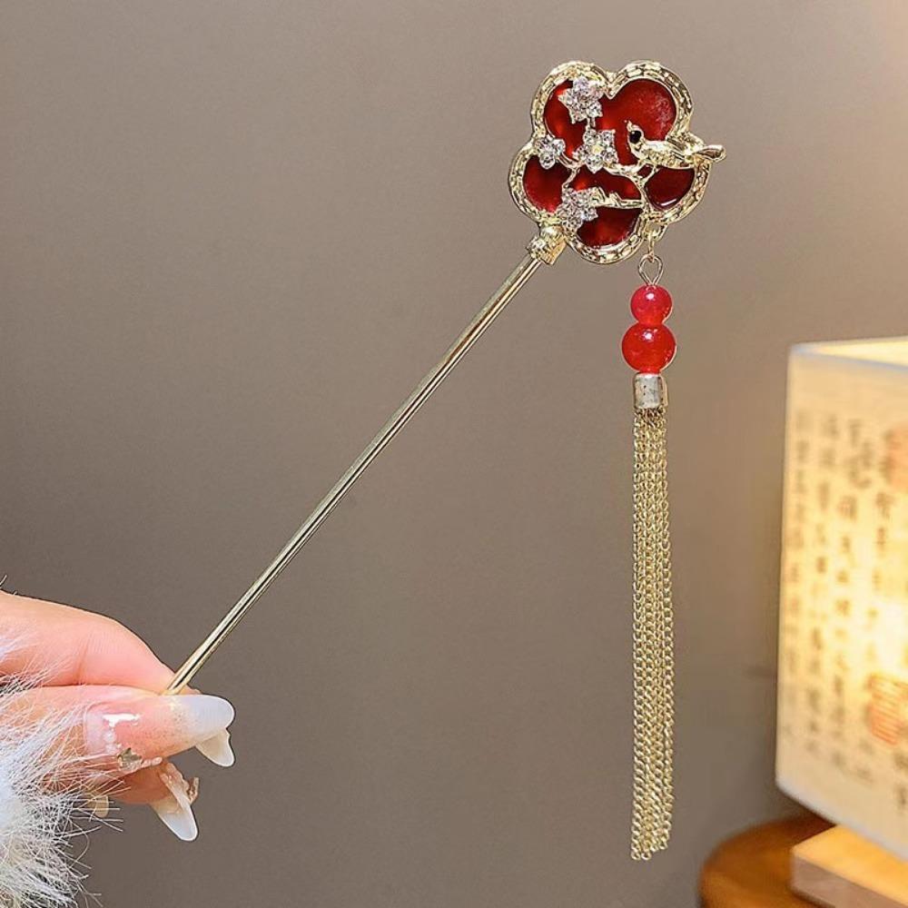 

Red Tassel Pearl Flower Hair Stick Elegant Fan Shape Chinese Versatile Style Pearl Hair Stick Hair Fork Hairpin Hanfu Party