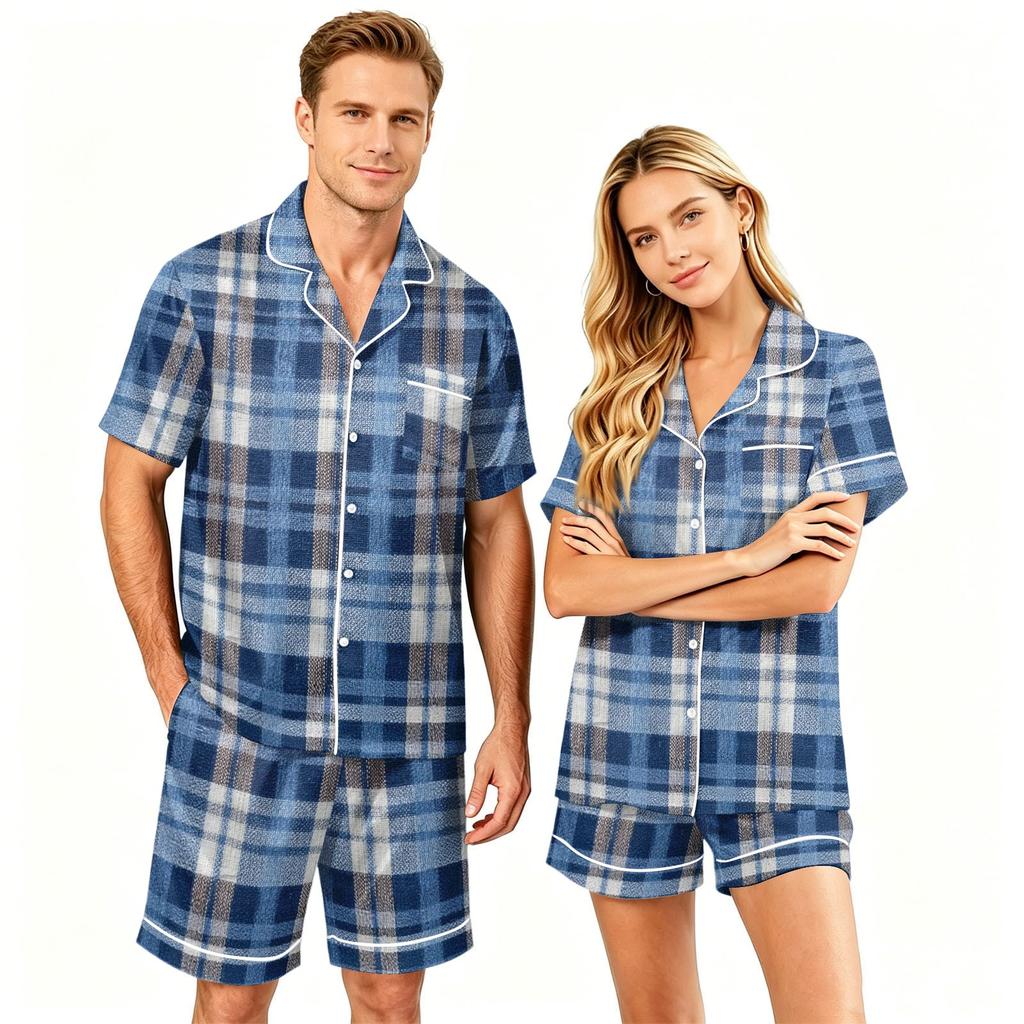 Couple Matching Pajama Set Short Sleeve Button Down Shirt with Hem and Shorts Set Soft Casual Loungewear S To XXXXL