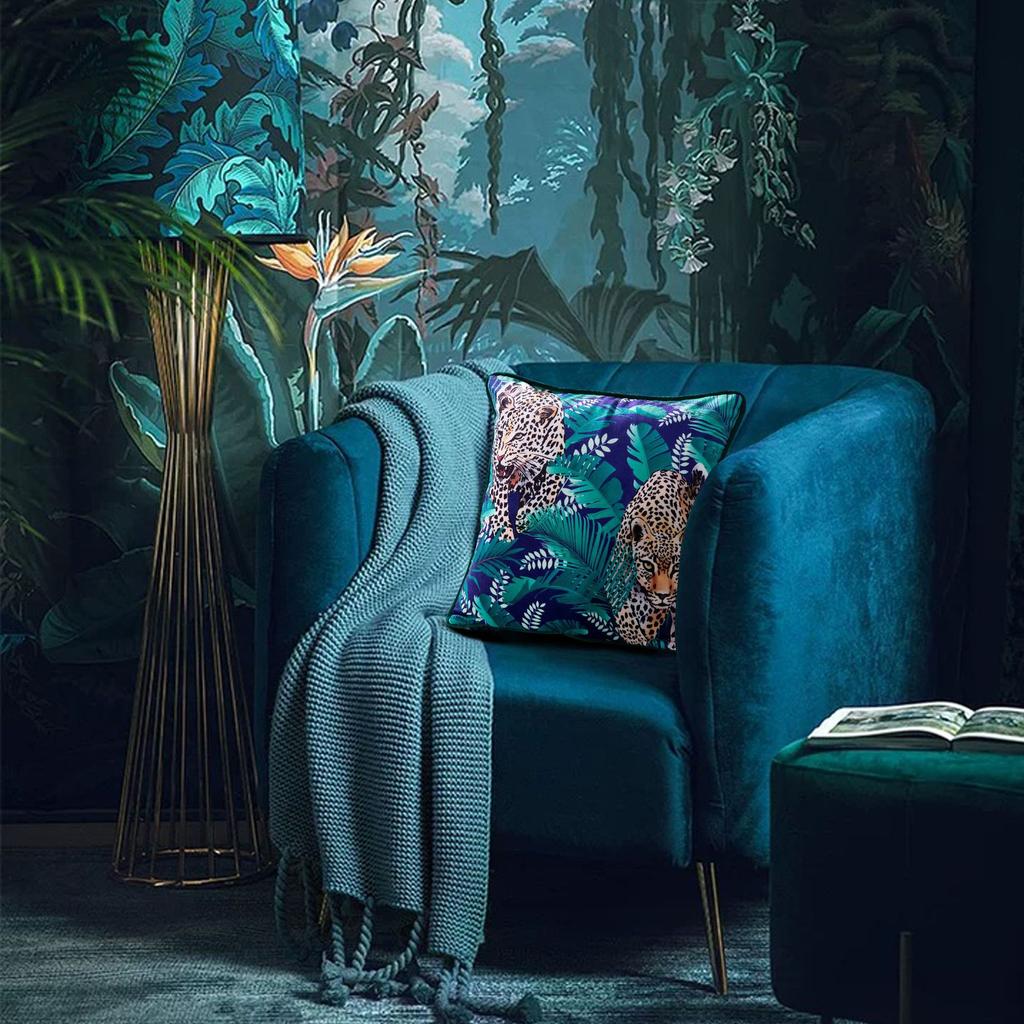 Cushion Cover with Tropical Plants and Palm Leaves Design, Velvet Cushion Cover with Tassels, Animal Pattern, Leopard, Bird, Gre