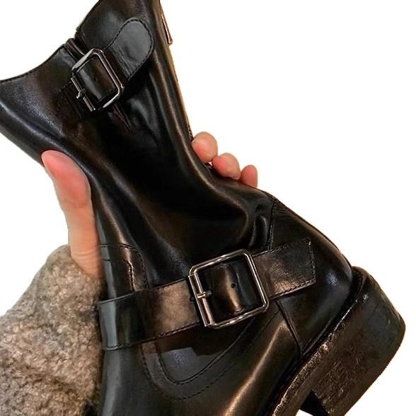2025 autumn and winter new cowhide British style belt buckle medium boots femininity thick-soled Martin boots
