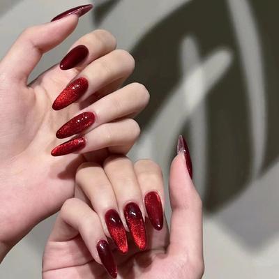 24 piezas de parches para uñas con diseño de ojo de gato para San Valentín, color rojo sólido, para usar en uñas, parches para uñas con diseño de almendra.