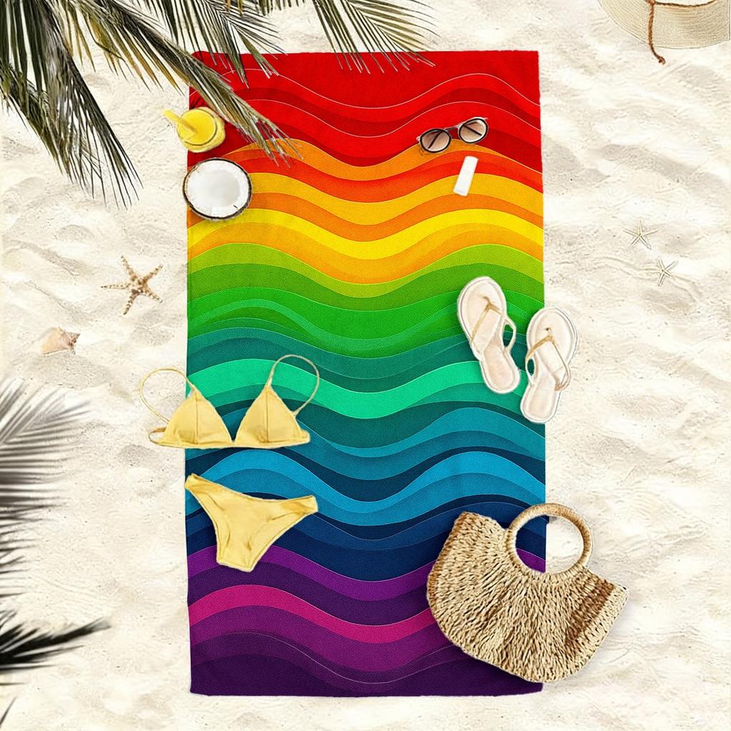 Rainbow Wavy Tapestry Flat Print Colorful Beach Towel for Pride Party Bedroom Living Room Decor Aesthetic Wall Hanging