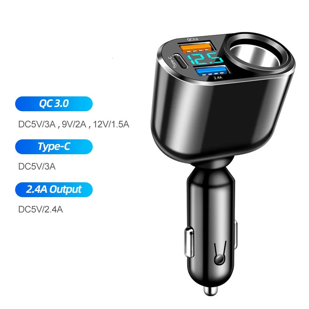 90W Car Charger QC3.0 PD Fast Charging Adapter Phone Chargers with Digital Display Cigarette Lighter Auto Accessories