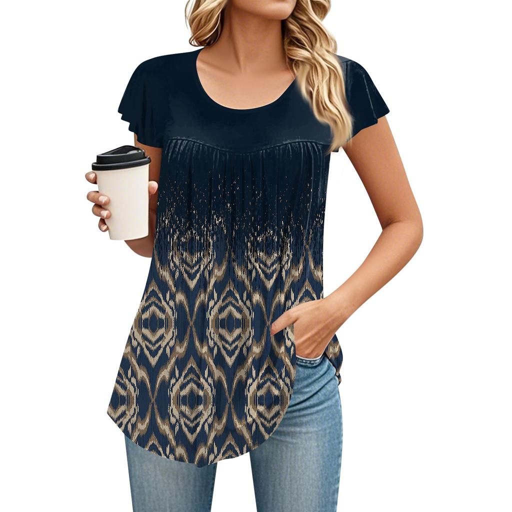 Women's Round Neck Short Sleeve Mid Length T-Shirt Loose Casual Short Sleeve T-Shirt Top