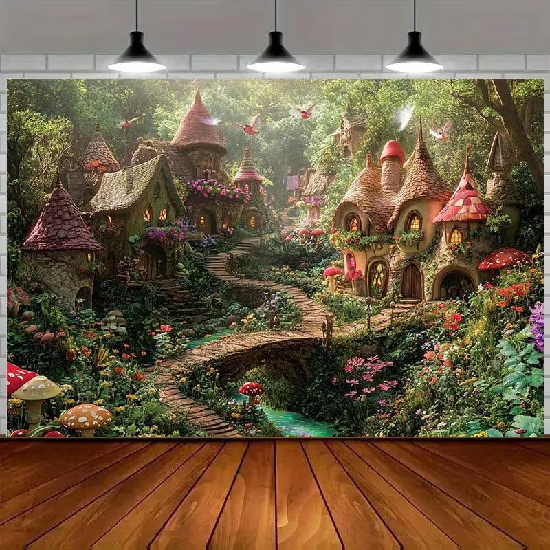 2D Magical Fairy Village Backdrop with Mushroom Houses for Kids Photography Background