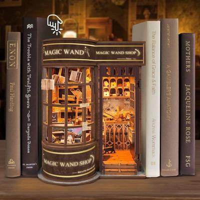 Retro DIY Wooden Book Nook Shelf Insert Miniature Kits Magic Wand Shop Bookshelf Home Bookend Decoration For Adult Handmade Gift