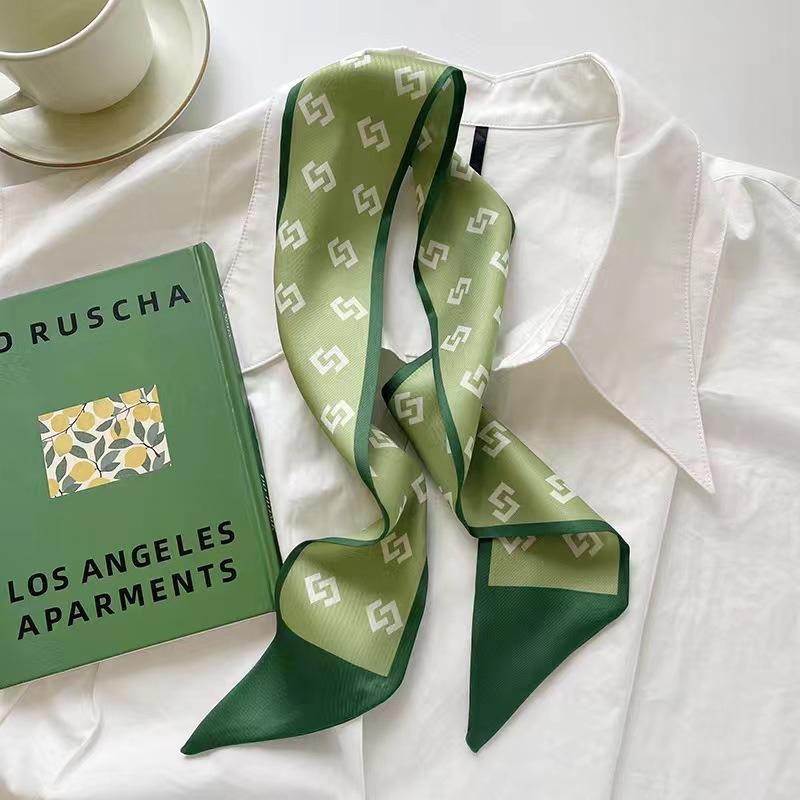 Small White And Tender Green Silk Scarf For Women, Thin Streamer, Headband, Hair Tie, Bag Decoration Long