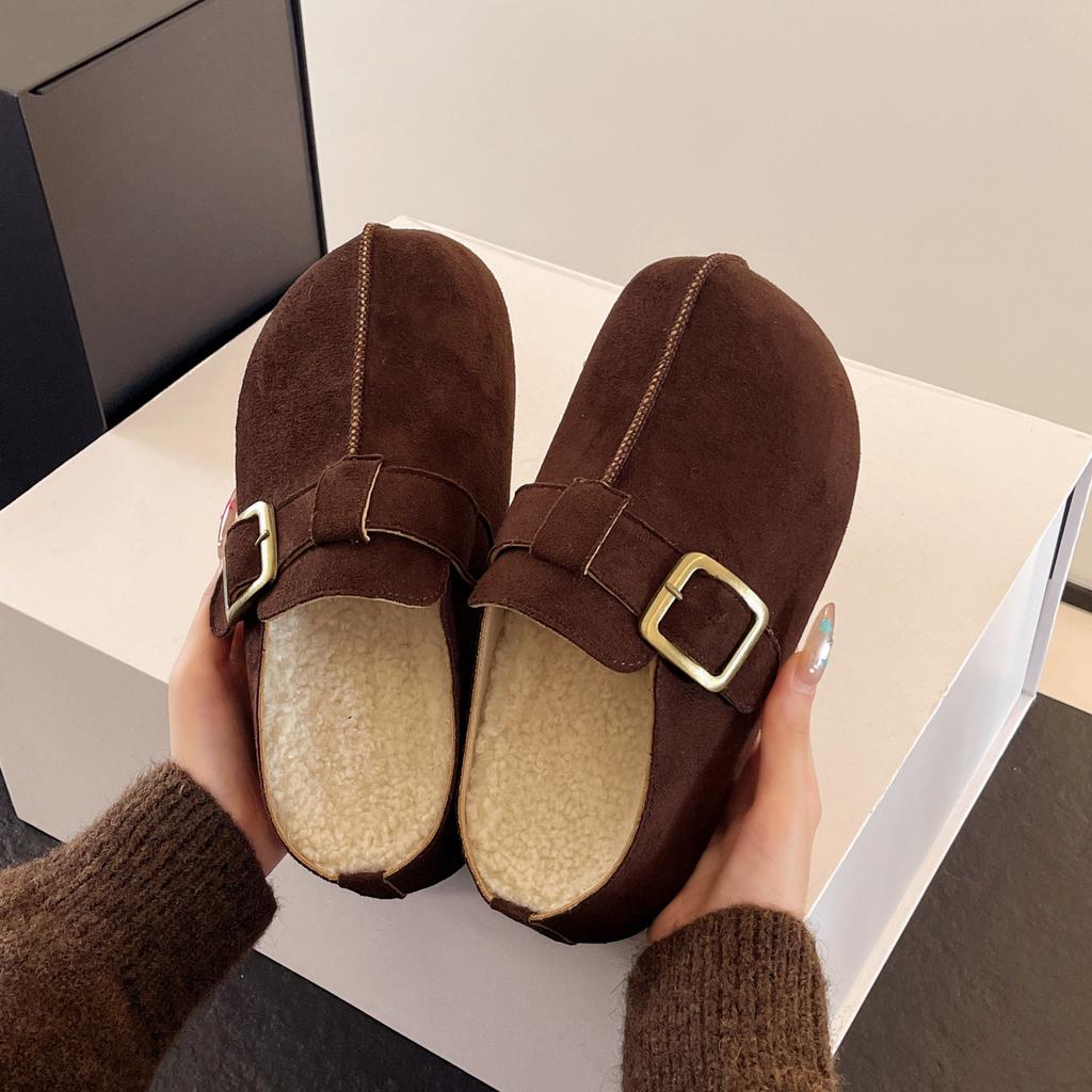 Fleece thick-soled inner heightening bag head half slippers women's new autumn and winter one-pedal Boken cotton shoes