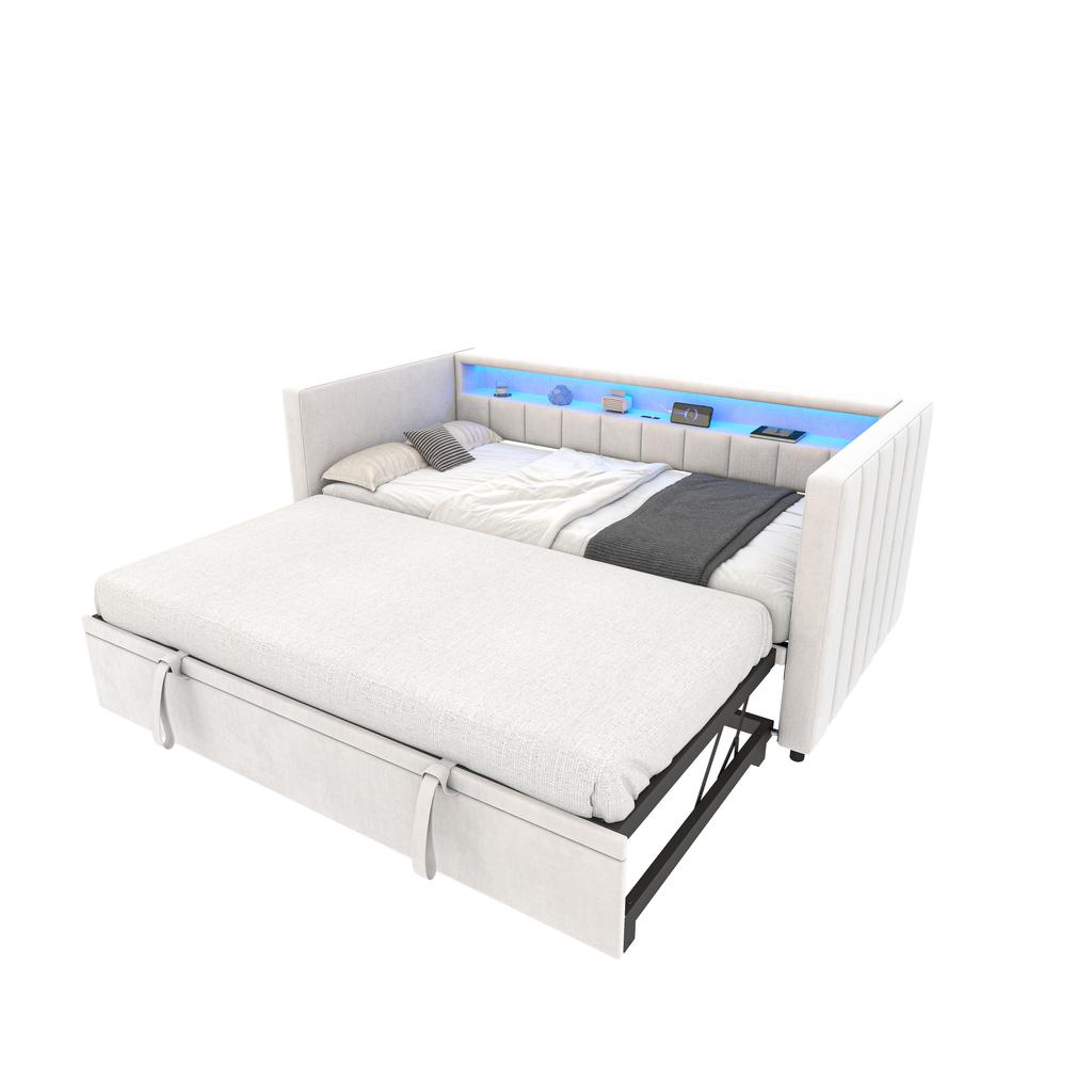 Multifunktionale Schlafcouch 90x190 cm mit Ausziehbett, USB-C-Anschluss, LED-Ambiente, Samtbezug – für Wohnzimmer, Gästezimmer oder Jugendzimmer. beige