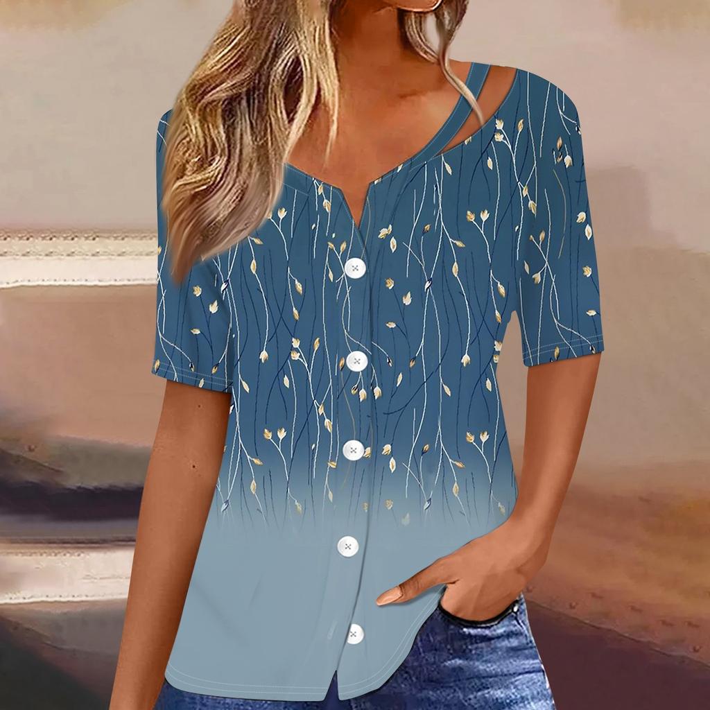 Damen T-Shirt mit Aufdruck, kurzärmelig, V-Ausschnitt, Knopfleiste, Strickjacke, T-Shirt, Top