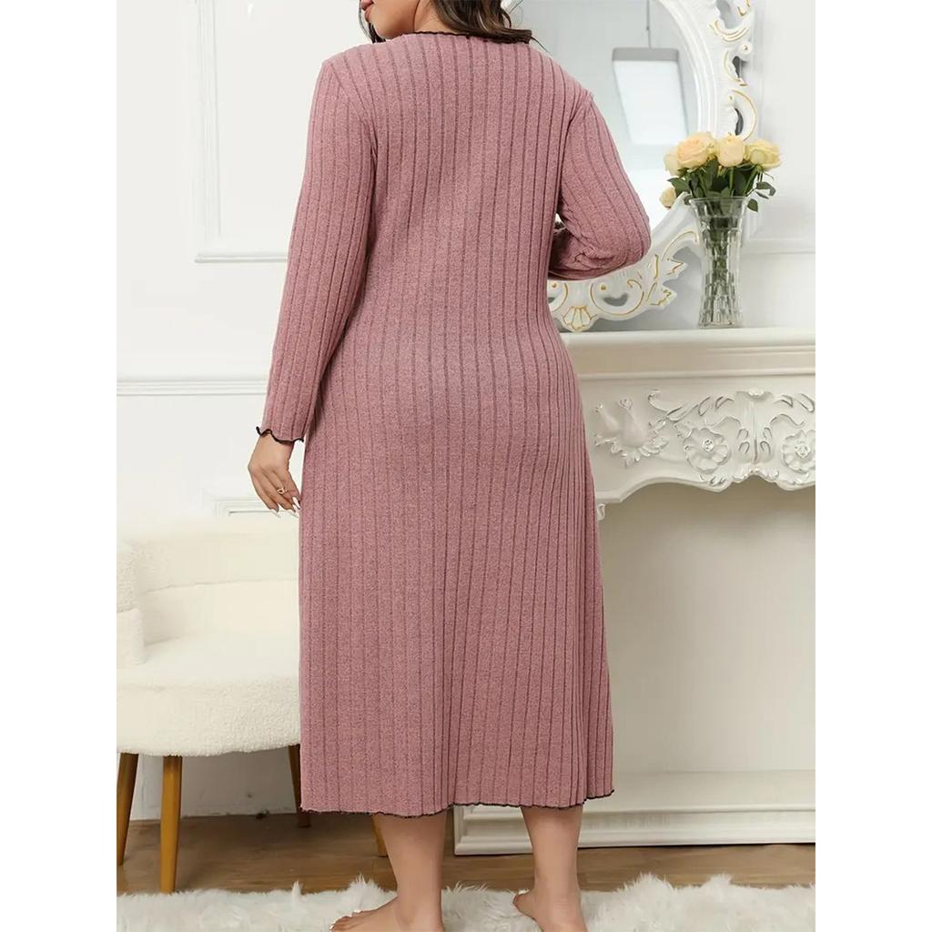 Women's Fashionable Plus Size Solid Color V Neck Long Sleeved Casual Loose Dress