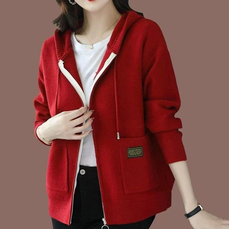 Spring and Autumn Hooded Sweater Tops Casual Fashion Outer Zipper Sweater Cardigan Jacket Women