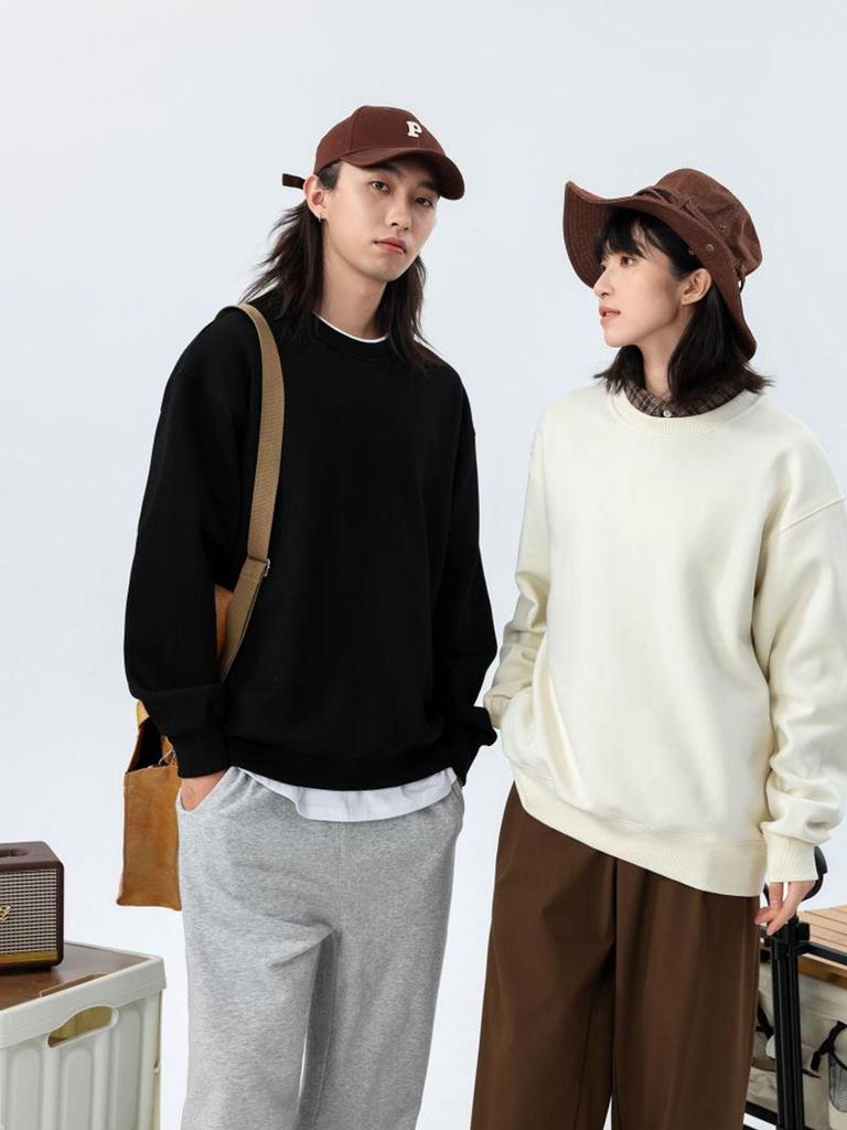 Men's Heavyweight Velvet Crewneck Sweatshirt - Thick Lambswool-Style, Loose Fit, Solid Color, Unisex, 500g.