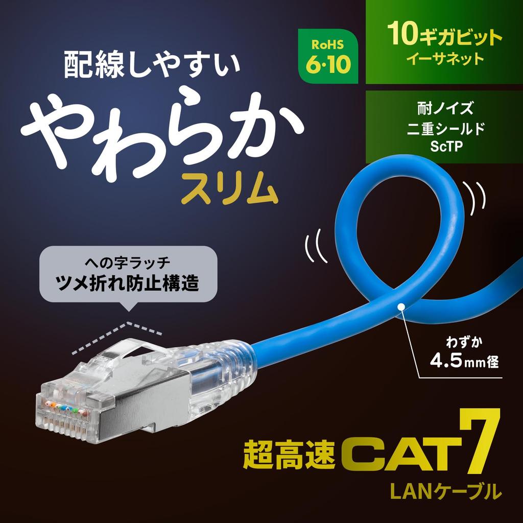 SANWA SUPPLY Category 7 LAN Cable (Slim, Flexible, Anti-Snatch Connector, 2m, Blue) KB-SL7YS-02BL