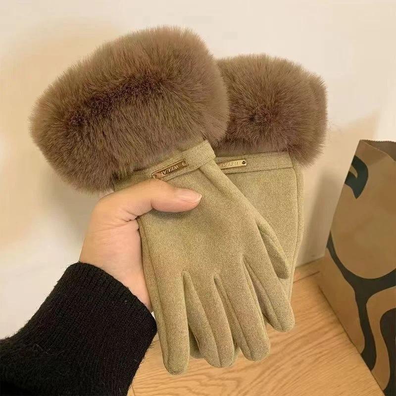 Winter Women'S Warm Gloves Have Windproof And Cold Resistant Properties, Thick Fur Lining, And Touch Screen Gloves