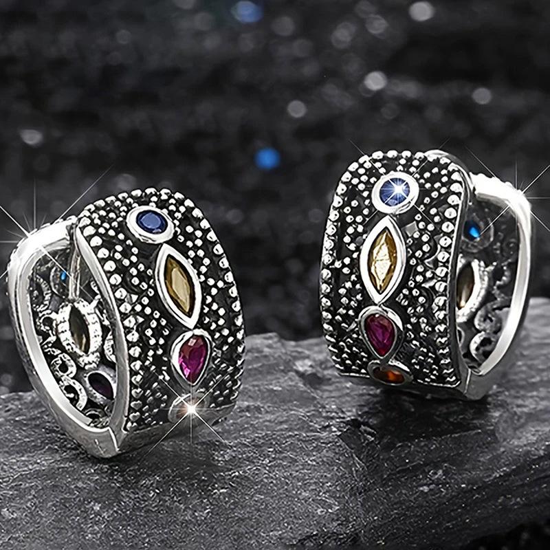 Wide Square Curved Open Hoop Earrings Mixed Marquise Round Multicolored CZ Oxidized Retro Filigree Inner Cutout Ladies Accessories