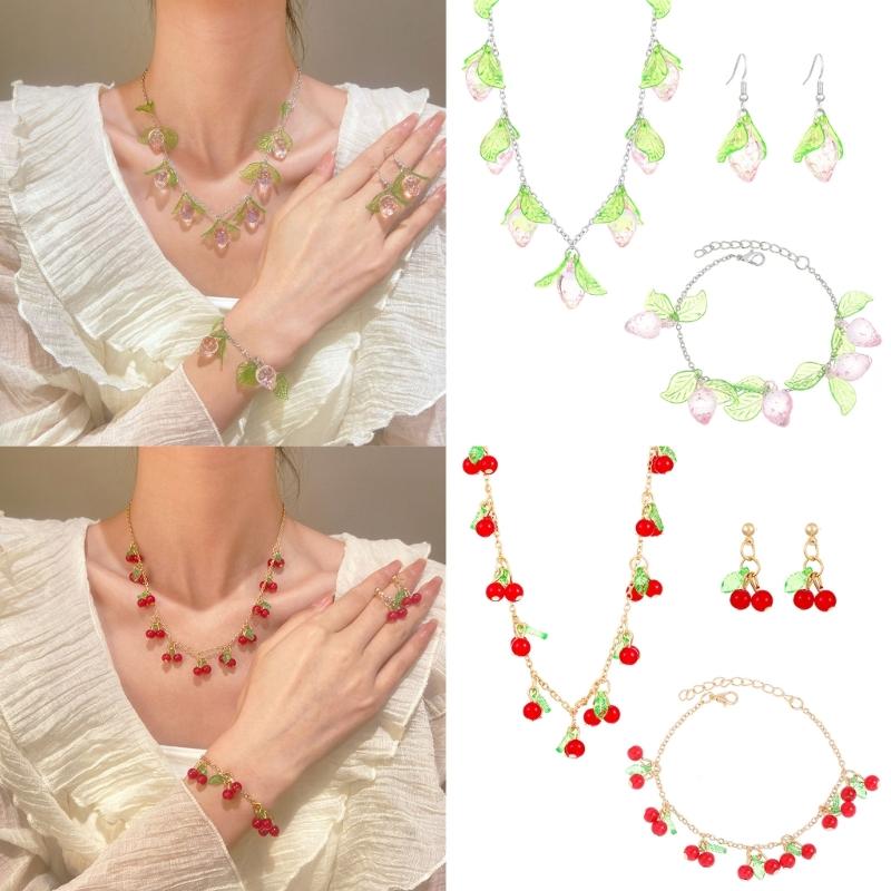 Delicate Strawberry/Cherries Necklace Bracelet Earrings Set Contemporary Acrylic Cherries and Strawberry Jewelry