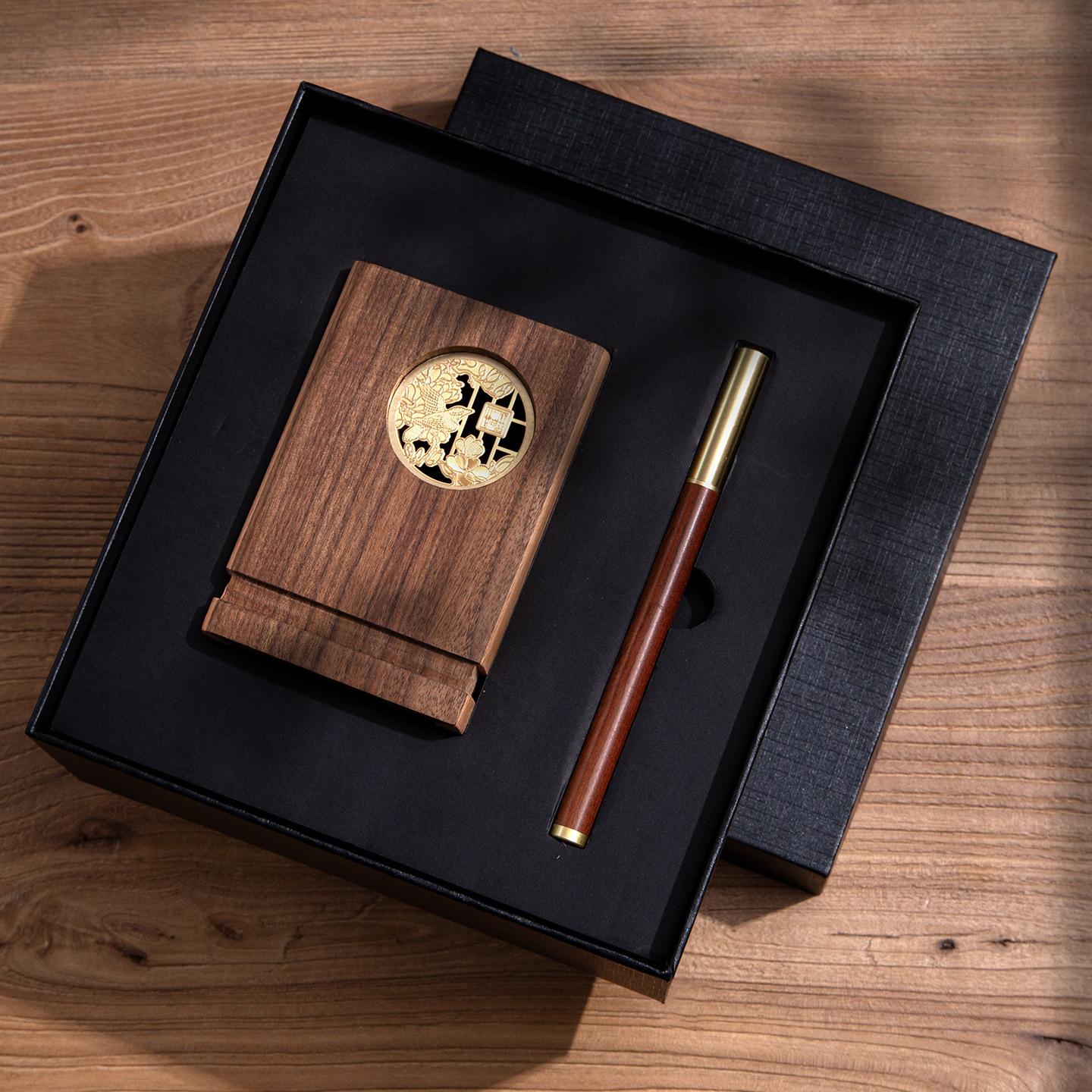 Solid Wood Pen Holder Gift Box, Retro Chinese Style Desktop Organizer Flower and Bird Pen Holde