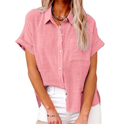 Plus Size Cotton Shirts White Pink Blue Loose Blouses Solid Color Pocket Turn Down Collar Button Up Summer Women Shirt Ladies Tops