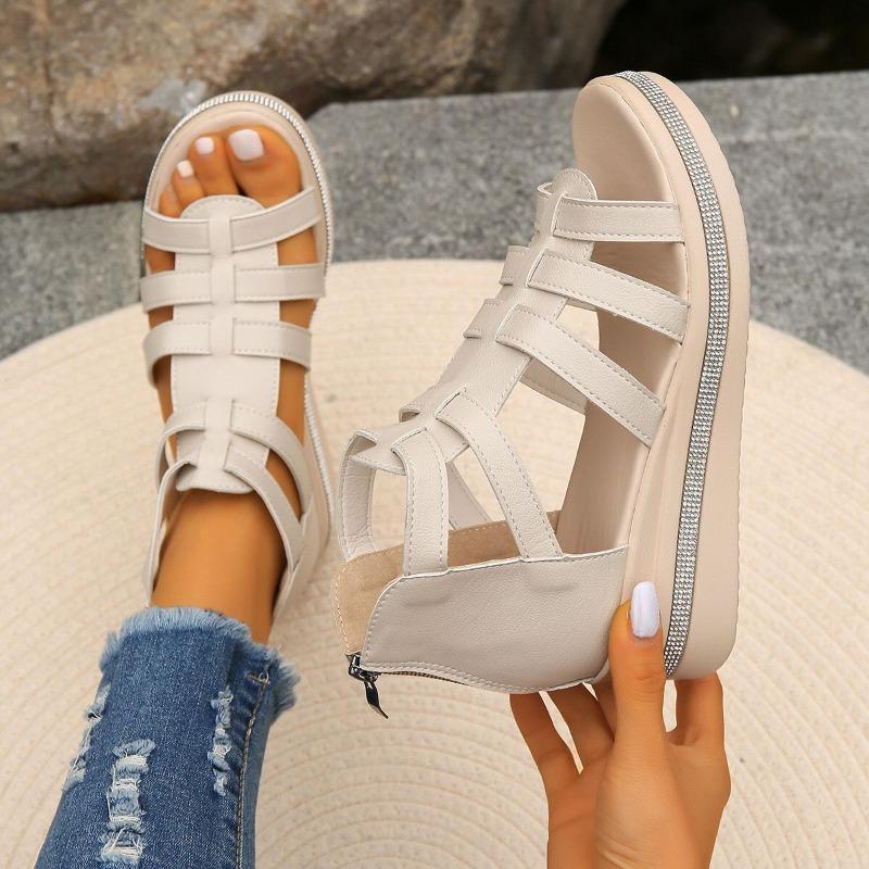 Spring and summer new fish mouth wedge heel platform women's sandals rhinestone hollow muffin round head sandals women
