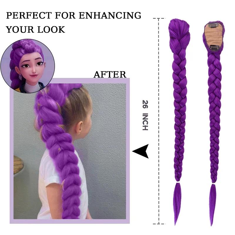 RUMI COS Purple Hair Braids Pony-tail Synthetic Braids Hairstyle Long Ponytail with Clips for Kids Girls Halloween Christmas