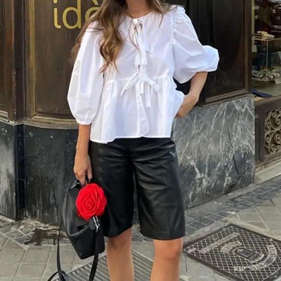 2024 Sweet Casual Puff Sleeve Tie-Up Shirt
