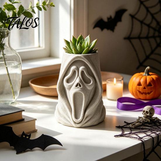 Desktop Storage Organizer Halloween Ghost Face Candy Bucket, 3D Printed Trick or Treat Snack Holder, Ornament Spooky Screaming for Indoor Home,