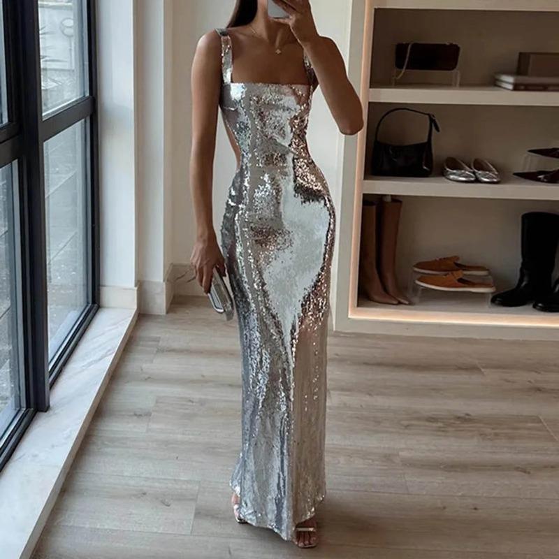 Sexy Sequins Backless Slip Maxi Dress Women Sleeveless Bodycon Hip Package Dresses Summer Party Evening Robe