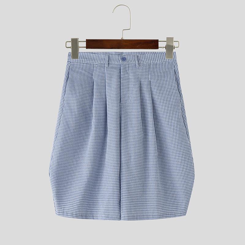 

INCERUN Men High Waist Zipper Plaid Casual Loose Cropped Pants Shorts 4XL