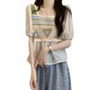 Niche Design Sense Hook Flower Hollow Temperament Square Neck Knitted Sweater Women's Summer Splicing Chiffon Short-sleeved Top