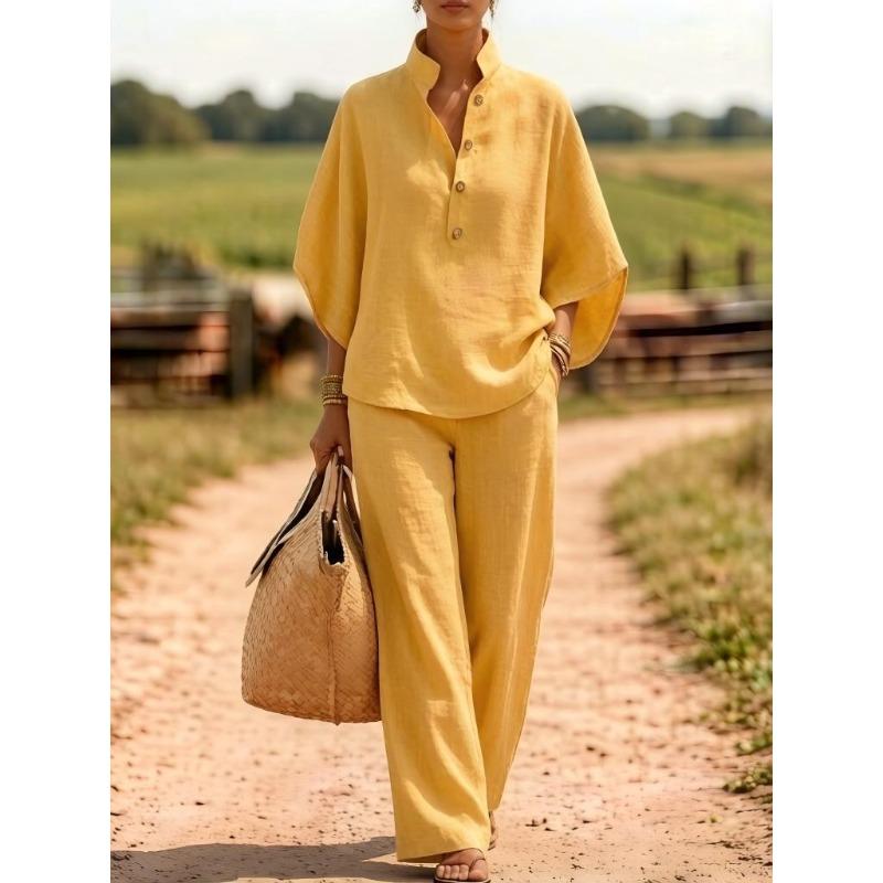 Women's Solid Color Half Placket Stand Collar Half Sleeve Shirt Wide Leg Pant Linen Two Piece Pant Suit