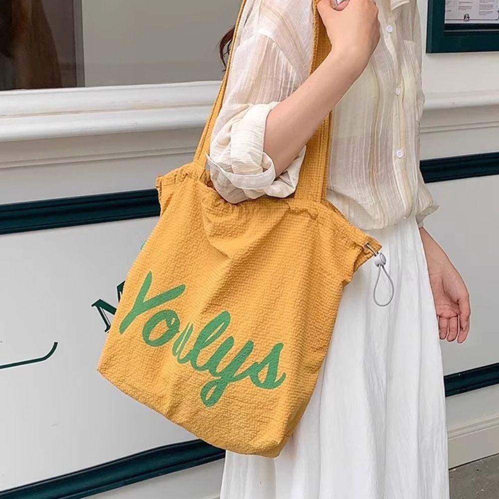 Canvas Drawstring Tote Bag Korean Style Letter Printed Handbag Casual Nylon Shoulder Bag  Women