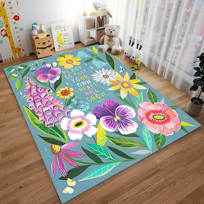 Floral Pattern Carpet with "Plant So That Your Heart Will Grow" Quote Suitable for Use As an Anti-slip for Living Room Bedroom Sofas