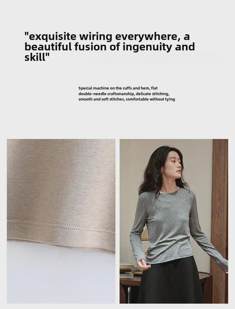 Luxury Tencel Wool Soft Long-Sleeve Slim-Fit Round Neck T-Shirt for Women - 2024 Autumn Collection