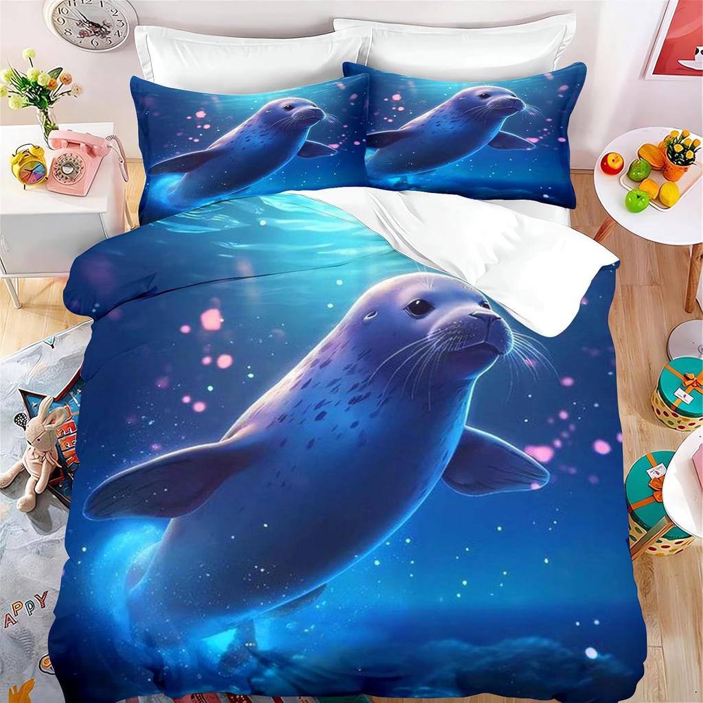 Set de lenjerie de pat cu animale focă pentru copii fete, Set husă de pilotă cu focă de desene animate, Husă de pilotă moale din microfibră cu fețe de pernă 75*50