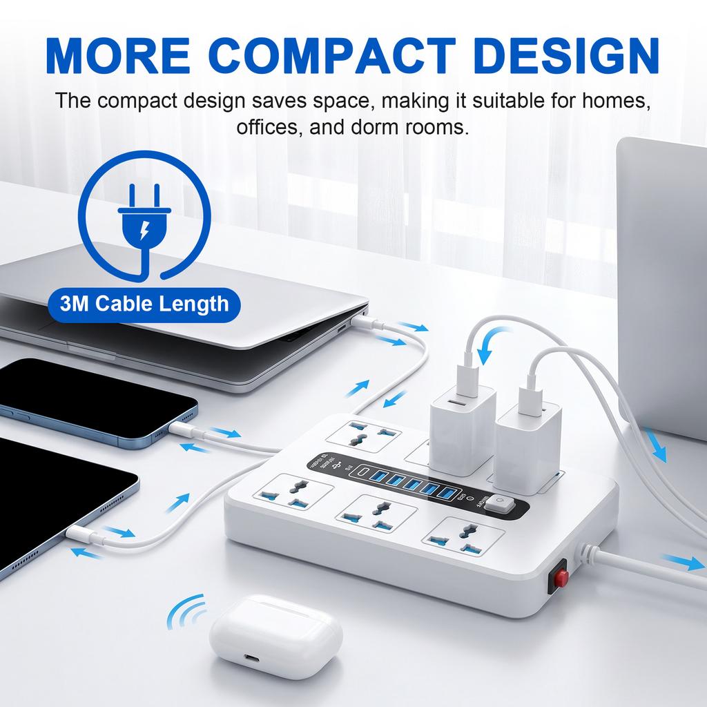 12-In-1 Desktop Power Strips Surge Protection Safety Door Powers Strips with 6 USB Ports&LED Light for Office Home Tech Setup