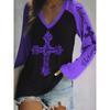 Plus Size Women's V-Neck Long Sleeve Cross Print T-Shirt Casual Loose Fit Top for Everyday Wear