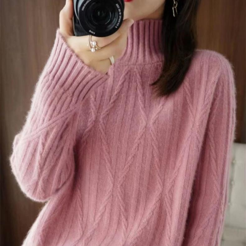 

Свитер с полувысоким воротником для женщин на осень и зиму, корейский стиль, свободный, жаккардовый, однотонный пуловер, утолщенный, повседневный вязаный свитер S розовый