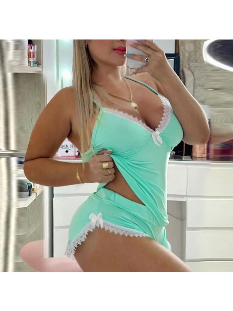 Women's Lace-Trimmed Halter-Neck Shorts – Two-Piece Pyjama and Loungewear Set