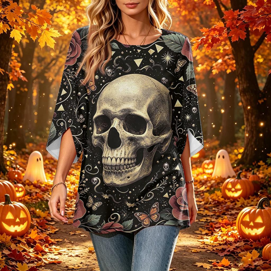 Women's Casual Loose Fit Three-Quarter Sleeve Neck Top with Halloween Print