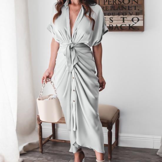 Office Lady Maxi Dress Turn Down Collar Ruched Solid Color Short Sleeve