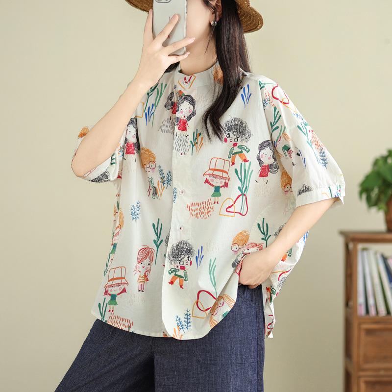 Summer new Japanese literary and artistic small fresh stand-up collar fun printing loose casual short-sleeved shirt blouse