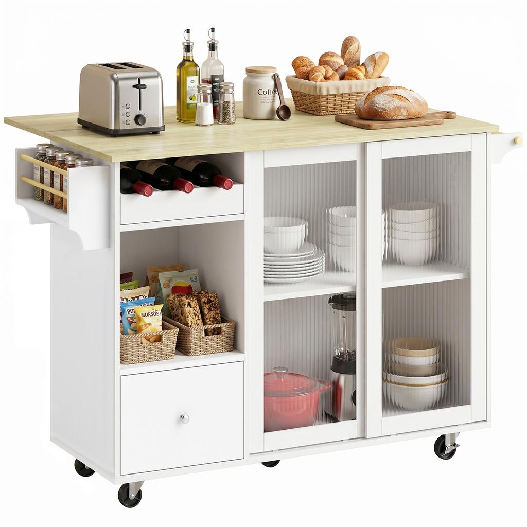 Kitchen Island with Folding Countertop, Bottle Rack, White and Oak