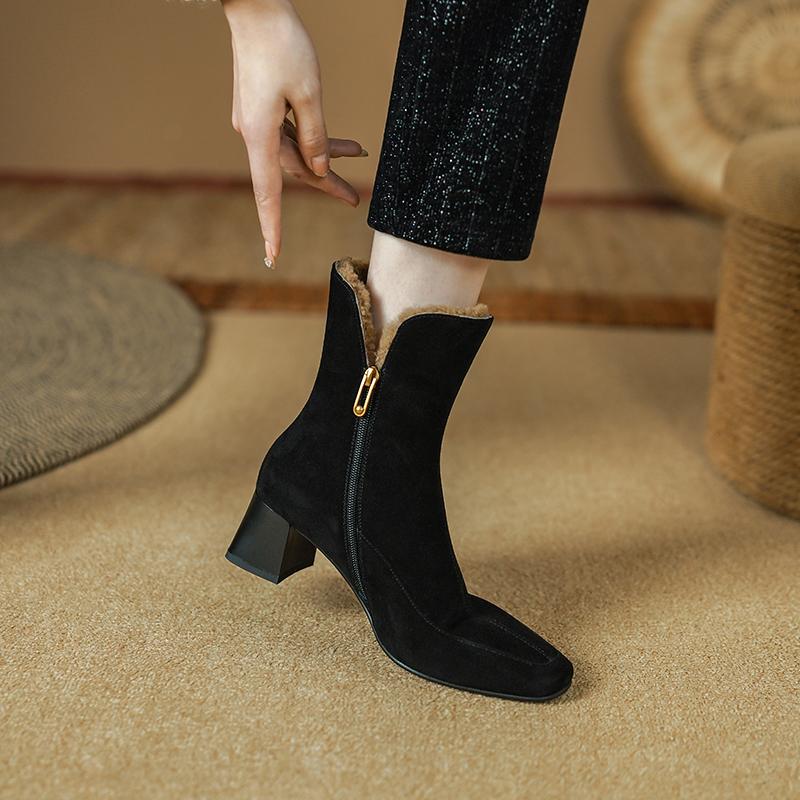 2024 New Winter Wool Warm Women Ankle Boots Genuine Leather Side Zipper Shoes Woman Square Toe Office Lady Working Short Boots