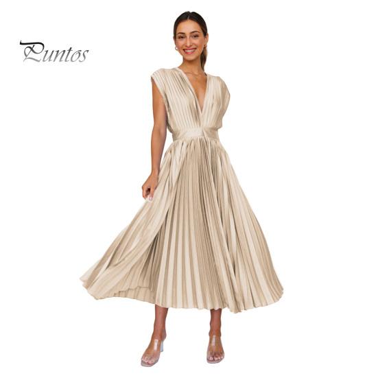 

Женское платье макси без рукавов с глубоким V-образным вырезом, летнее плиссированное коктейльное длинное платье с высокой талией и открытой спиной для вечеринки в клубе S шампанского